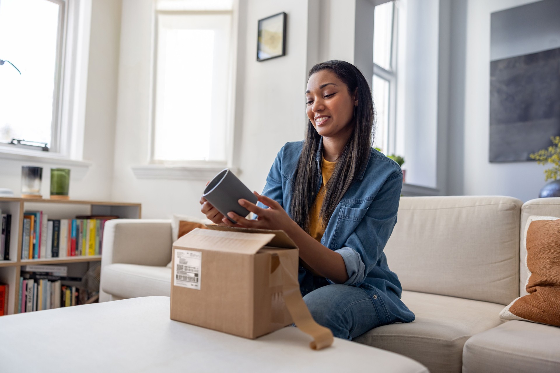 Happy woman at home opening a package she got after shopping online